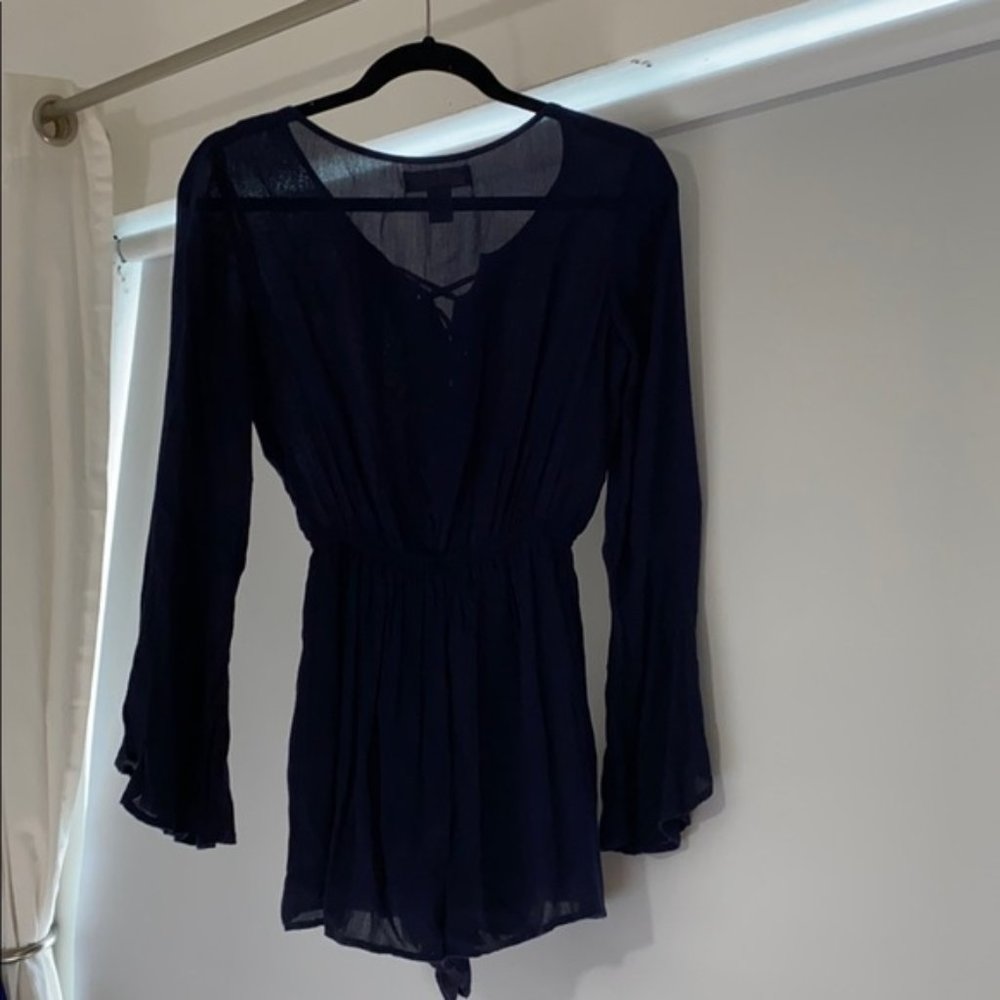 Navy Blue Tie Up Bell Sleeve Romper Size Medium - Picture 3 of 6